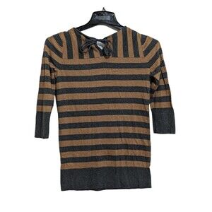 Loft Sweater Top Size Small Cotton, Rayon, Wool Front Pockets Gray Brown Stripe